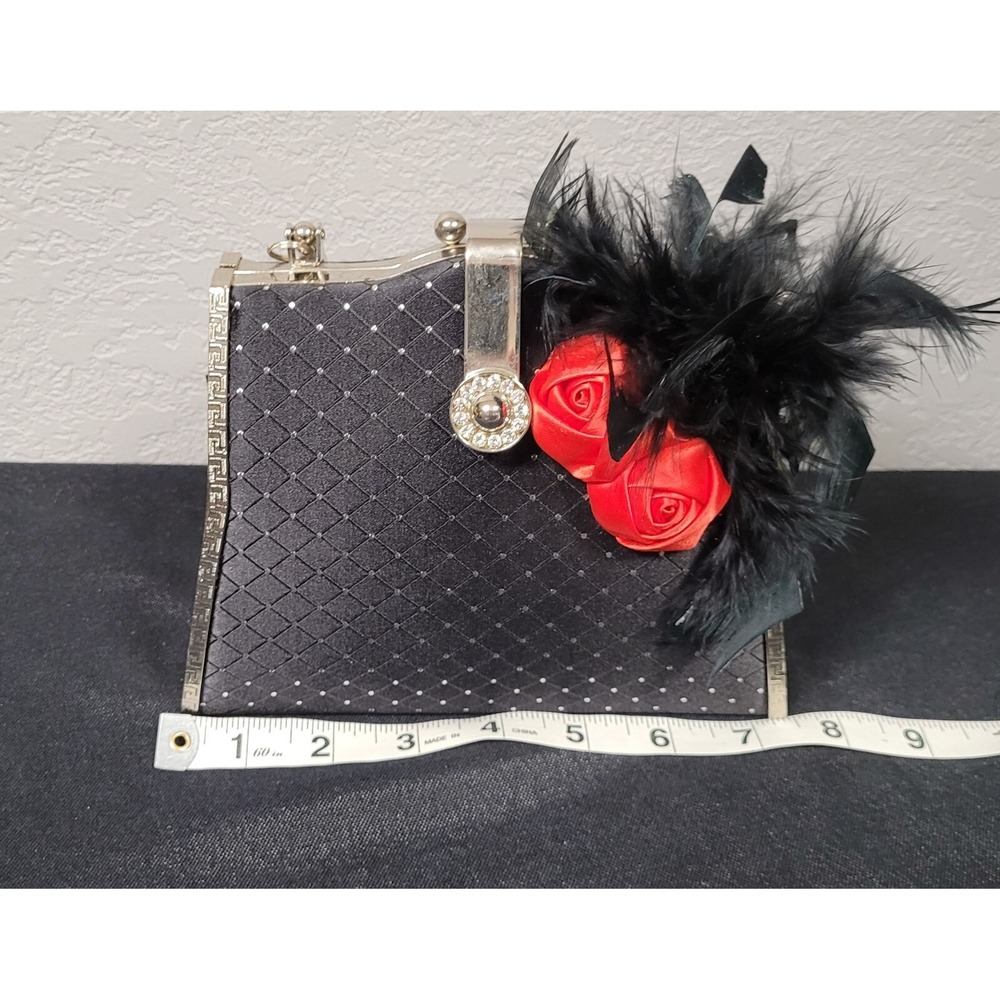 Women's Black Silver Accents Evening Handbag/Purse with Flower - Picture 6 of 8